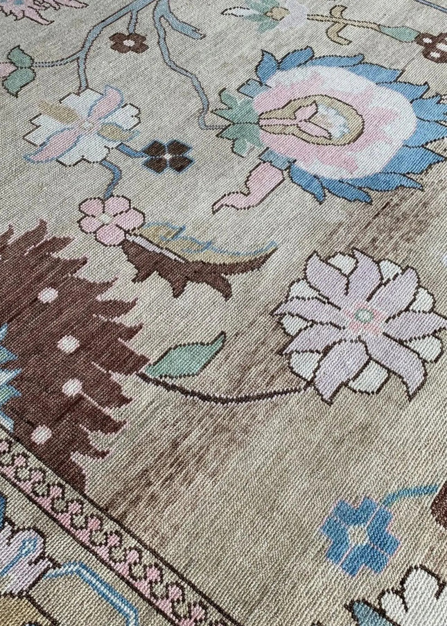 Hand-Knotted Oushak Wool Rug: Persian Heriz Design, Taupe & Blue, 8x10 Area Rug
