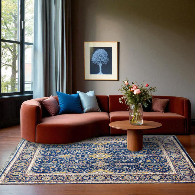 Hand Knotted Wool Oushak Rug: 9x12 Blue Oriental Medallion Design