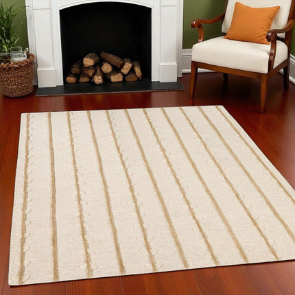 Hand Tufted Wool Rug Custom Size 8x10: Botanical Vine Stripe, Soft Beige
