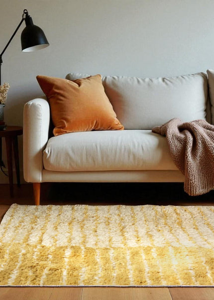 Hand Knotted Shag Wool Area Rug, Modern Mustard Yellow Striped Gabbeh, 8x10