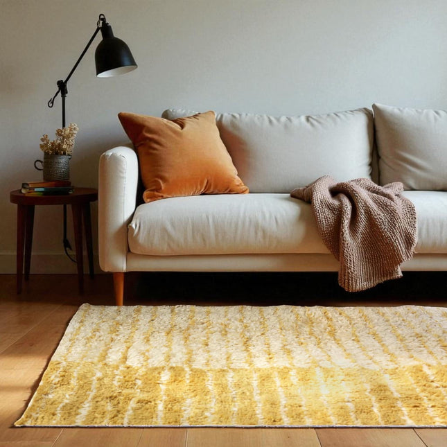 Hand Knotted Shag Wool Area Rug, Modern Mustard Yellow Striped Gabbeh, 8x10