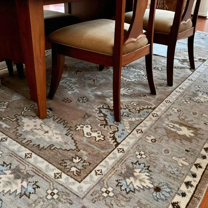 Hand-Knotted Oushak Wool Rug: Persian Heriz Design, Taupe & Blue, 8x10 Area Rug