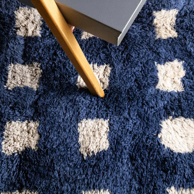 Handwoven Navy & Cream Wool Shag Rug  Ultra Soft Modern Luxury Area Carpet
