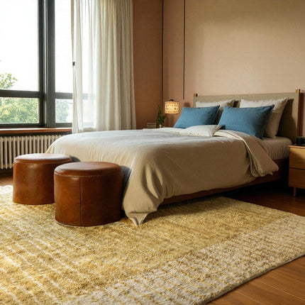 Hand Knotted Shag Wool Area Rug, Modern Mustard Yellow Striped Gabbeh, 8x10
