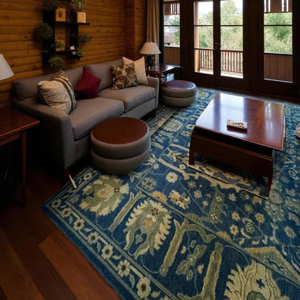 Handwoven Royal Blue Wool Rug: 8x10 Oriental Floral Carpet