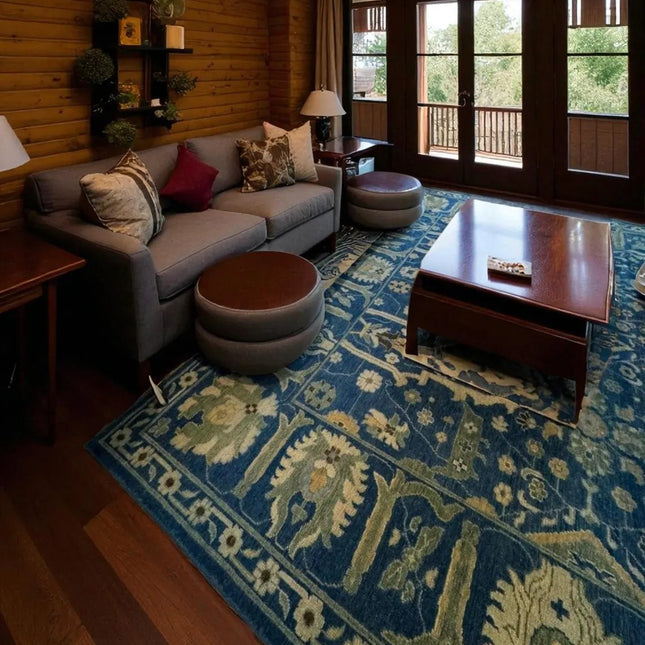 Handwoven Royal Blue Wool Rug: 8x10 Oriental Floral Carpet