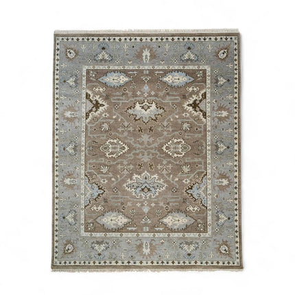 Hand-Knotted Oushak Wool Rug: Persian Heriz Design, Taupe & Blue, 8x10 Area Rug