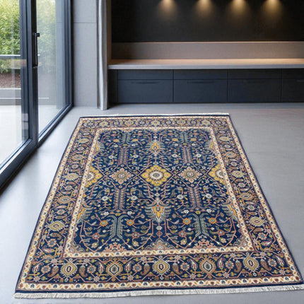 Hand Knotted Wool Oushak Rug: 9x12 Blue Oriental Medallion Design