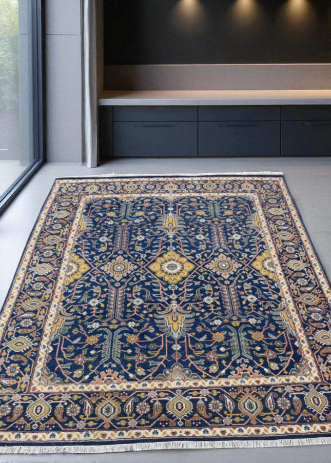Hand Knotted Wool Oushak Rug: 9x12 Blue Oriental Medallion Design