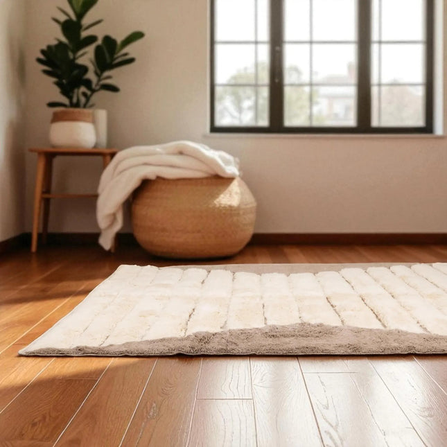 Handwoven Beige & Brown Wool Shag Rug - Modern Living Room Decor