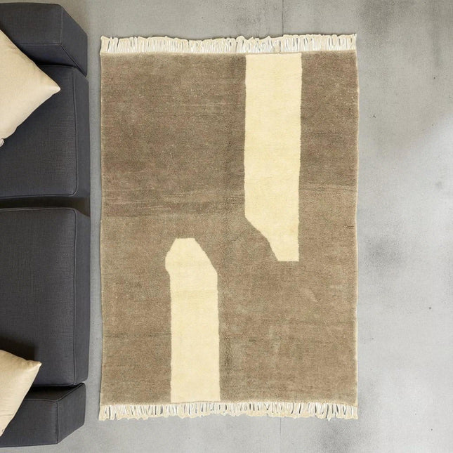 Neutral Beige & Cream Hand Knotted Wool Rug  Modern Geometric Carpet