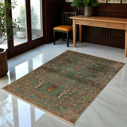 Hand Knotted Wool Sarough Rug: Traditional Persian Floral & Animal Motif