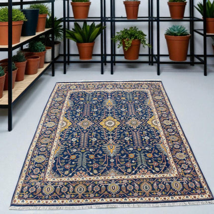 Hand Knotted Wool Oushak Rug: 9x12 Blue Oriental Medallion Design