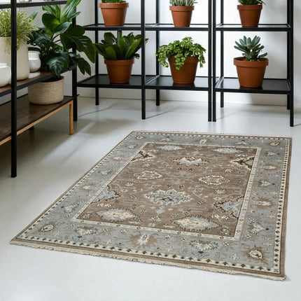 Hand-Knotted Oushak Wool Rug: Persian Heriz Design, Taupe & Blue, 8x10 Area Rug