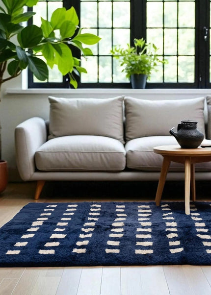 Handwoven Navy & Cream Wool Shag Rug  Ultra Soft Modern Luxury Area Carpet