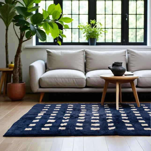 Handwoven Navy & Cream Wool Shag Rug  Ultra Soft Modern Luxury Area Carpet