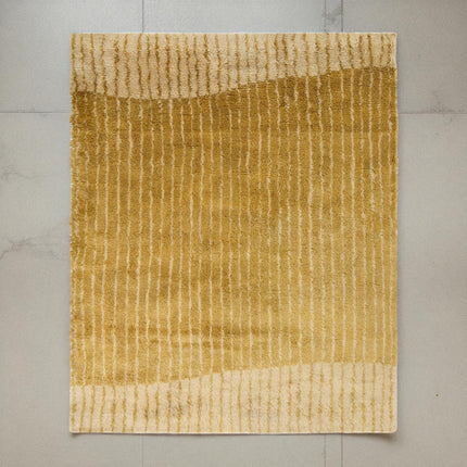 Hand Knotted Shag Wool Area Rug, Modern Mustard Yellow Striped Gabbeh, 8x10