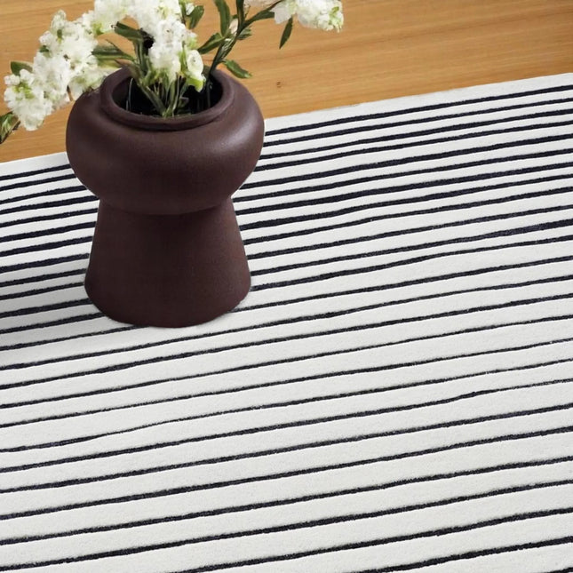 Hand Tufted Wool Rug: Monochrome Minimalist Stripe Area Rug