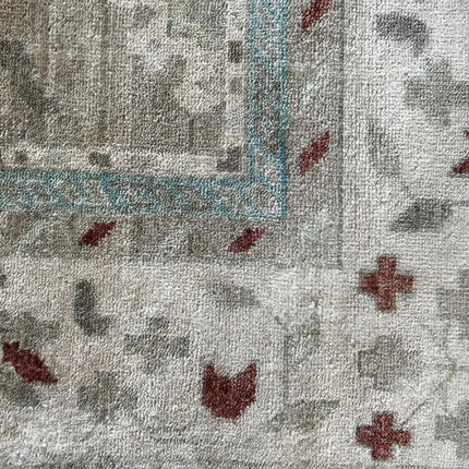 Hand-Knotted Oushak Wool Rug: Persian Heriz Design, Taupe & Blue, 8x10 Area Rug