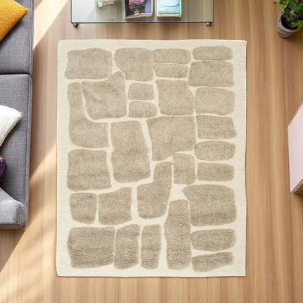 Handwoven Beige Wool Rug: 8x10 Earthy Stone Art Area Rug