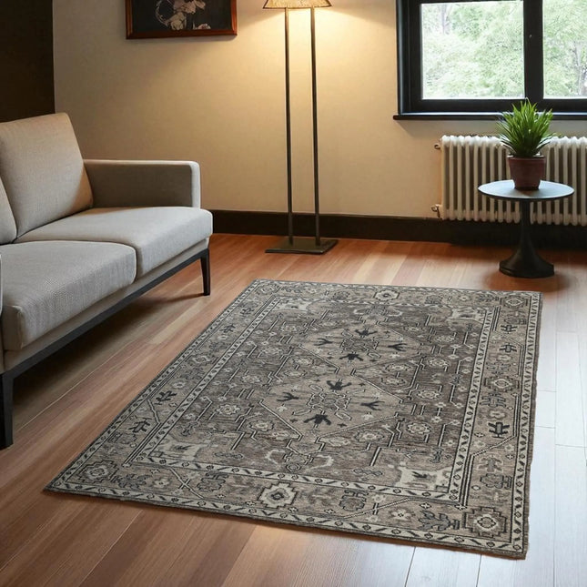 Hand-Knotted Turkish Oushak Wool Rug: Gray Anatolian Style, 9x12 Area Rug