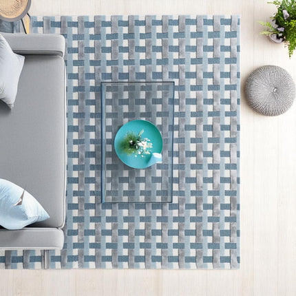 Modern Blue Checkered Wool & Silk Rug - Hand-Tufted 8x10 Area Rug