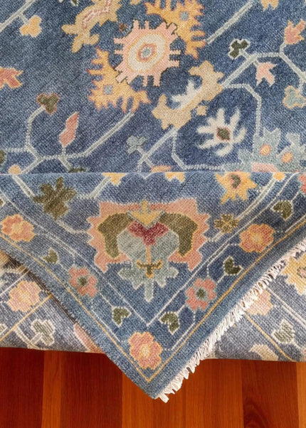 Hand Knotted Anatolian Wool Rug: 8x10 Blue Oushak Floral Design