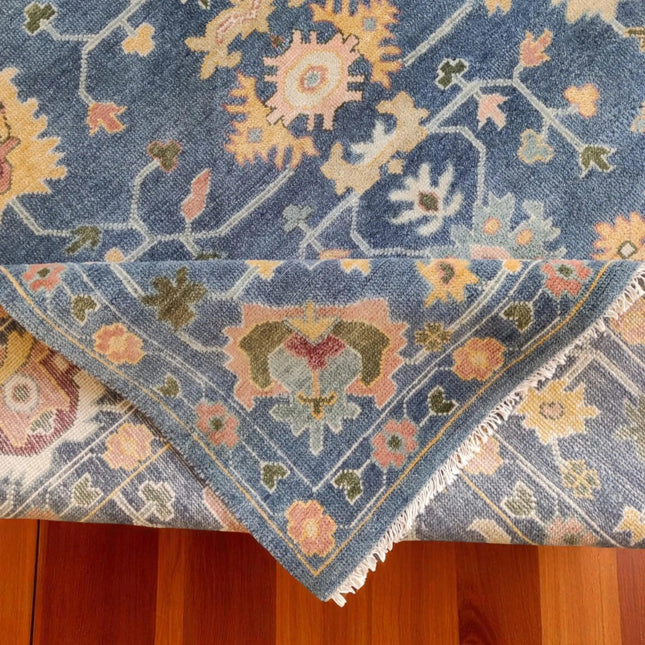Hand Knotted Anatolian Wool Rug: 8x10 Blue Oushak Floral Design