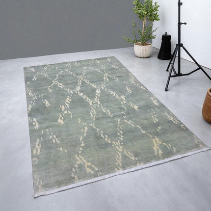 Hand Knotted Ikat Wool Rug: Soft Green & Beige Modern Carpet