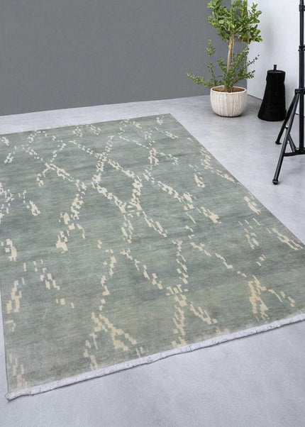 Hand Knotted Ikat Wool Rug: Soft Green & Beige Modern Carpet