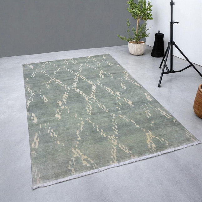 Hand Knotted Ikat Wool Rug: Soft Green & Beige Modern Carpet