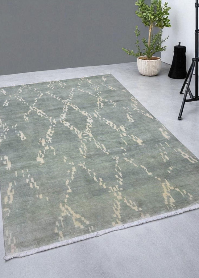 Hand Knotted Ikat Wool Rug: Soft Green & Beige Modern Carpet