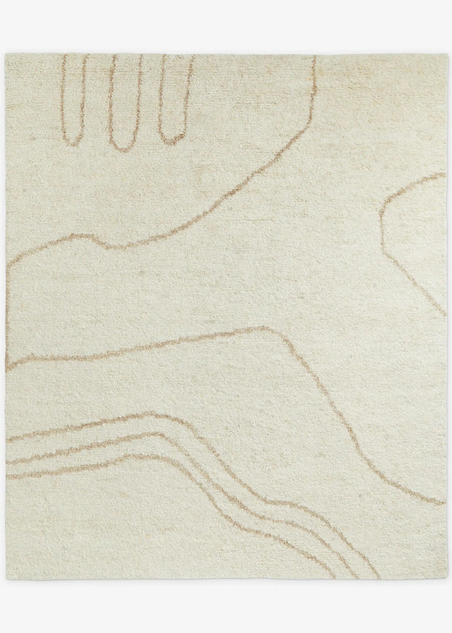 Hand Knotted Ivory Wool Rug with Abstract Line   8x10 Minimalist Area Rug