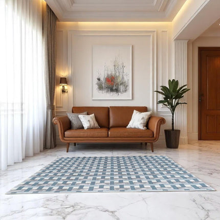 Modern Blue Checkered Wool & Silk Rug - Hand-Tufted 8x10 Area Rug