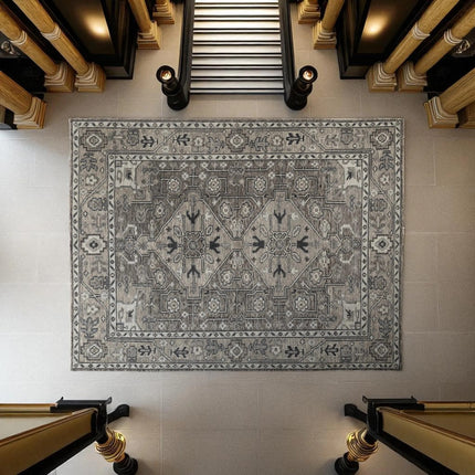 Hand-Knotted Turkish Oushak Wool Rug: Gray Anatolian Style, 9x12 Area Rug
