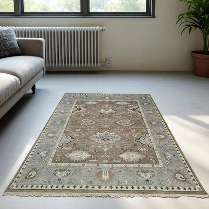 Hand-Knotted Oushak Wool Rug: Persian Heriz Design, Taupe & Blue, 8x10 Area Rug
