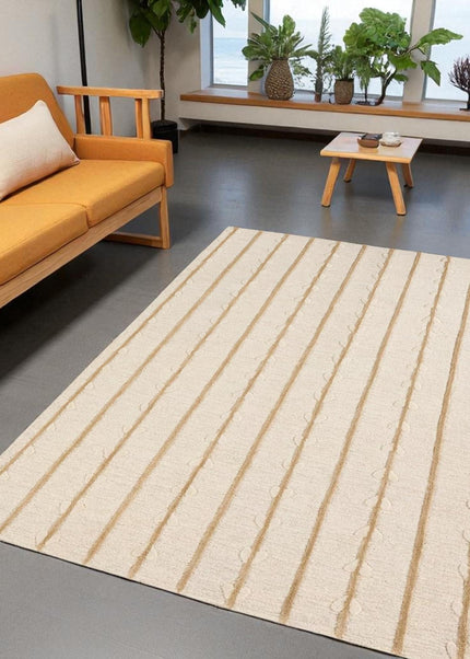 Hand Tufted Wool Rug Custom Size 8x10: Botanical Vine Stripe, Soft Beige