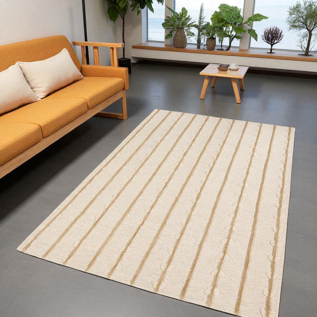 Hand Tufted Wool Rug Custom Size 8x10: Botanical Vine Stripe, Soft Beige