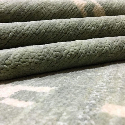 Hand Knotted Ikat Wool Rug: Soft Green & Beige Modern Carpet