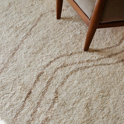Hand Knotted Ivory Wool Rug with Abstract Line   8x10 Minimalist Area Rug