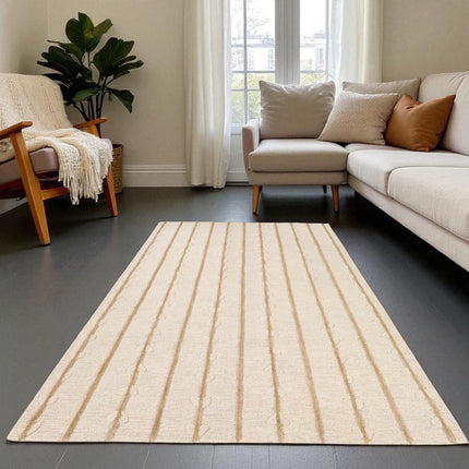 Hand Tufted Wool Rug Custom Size 8x10: Botanical Vine Stripe, Soft Beige