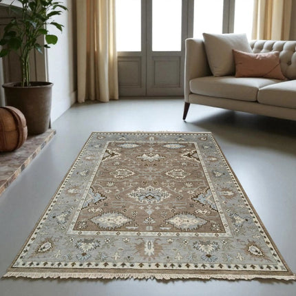 Hand-Knotted Oushak Wool Rug: Persian Heriz Design, Taupe & Blue, 8x10 Area Rug