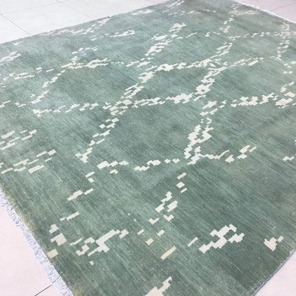 Hand Knotted Ikat Wool Rug: Soft Green & Beige Modern Carpet