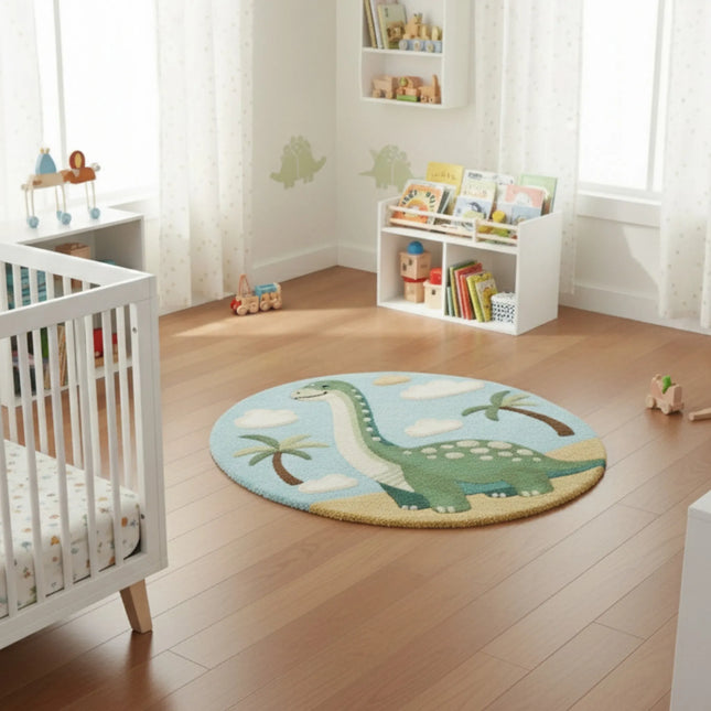 Dinosaur Wool Rug – Hand Tufted Round Nursery Playroom Rug