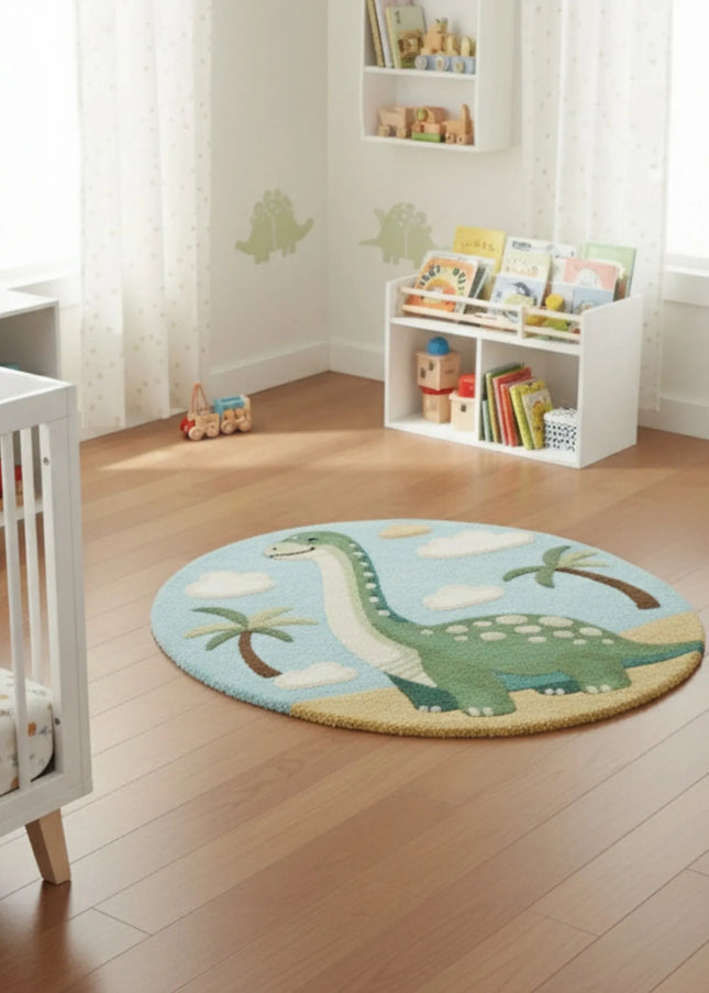 Dinosaur Wool Rug – Hand Tufted Round Nursery Playroom Rug