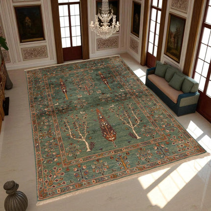 Hand Knotted Wool Sarough Rug: Traditional Persian Floral & Animal Motif