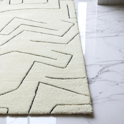 Hand-Tufted Wool Rug: 8x10 Cream & Black Abstract Line Art