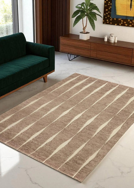 Hand Knotted Wool Rug 8x10: Abstract Vertical Stripe, Beige & Brown