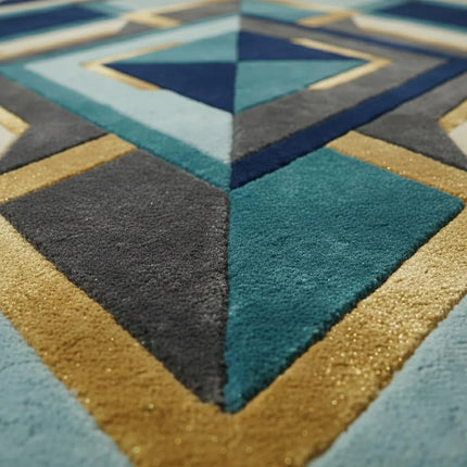 Modern Geometric Hand Tufted Wool Rug, Blue Teal Gold Abstract Area Rug