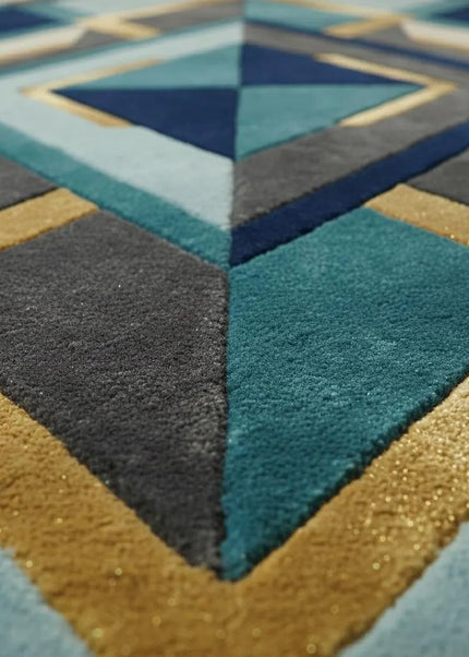 Modern Geometric Hand Tufted Wool Rug, Blue Teal Gold Abstract Area Rug